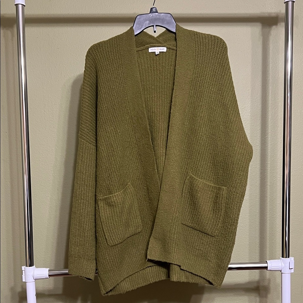 Open Front Cardigan Sweater - Woven Heart - Olive Green L